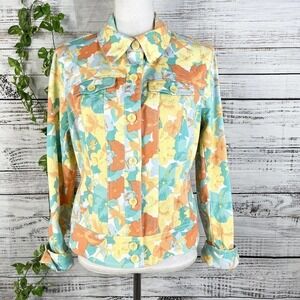 Nicole Miller Denim Jean Jacket size 12 Orange Yellow Floral Pockets Stretch